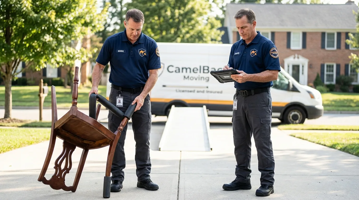 Movers inspecting furniture for damage prevention before loading in Saranac, MI