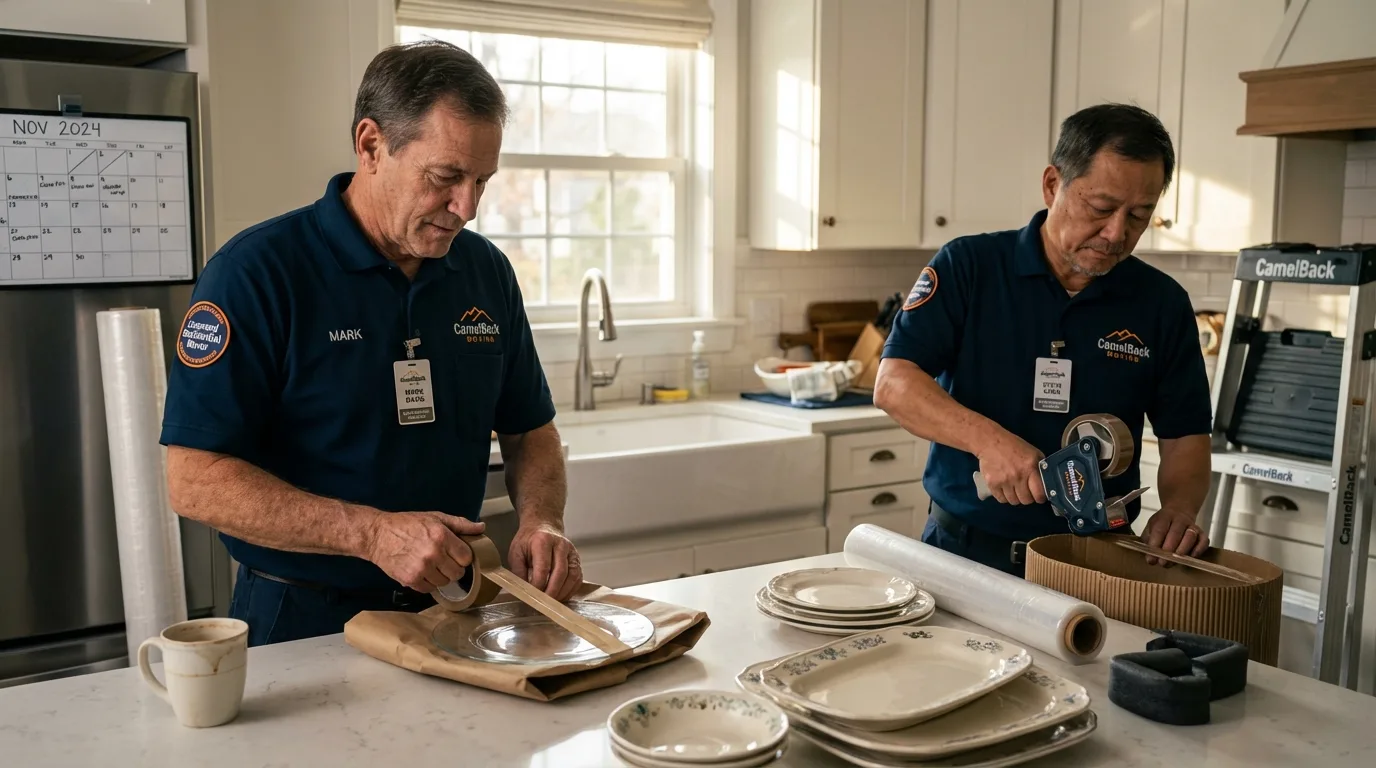 Professional crew packing kitchen dishware in Saranac, MI